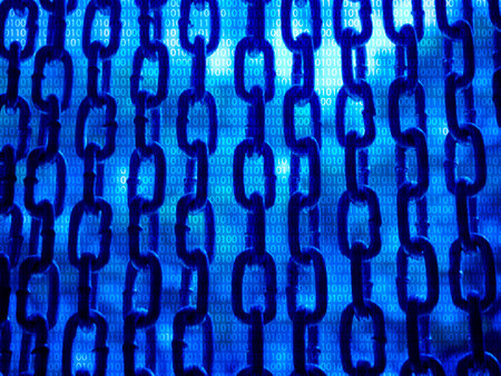 Blockchain technology concept. Abstract blue block chain, big data network background with real chain and digital binary code number.の写真素材