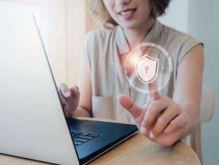 Cyber security, personal data protection, and business privacy concept. Shield and lock icon in the...