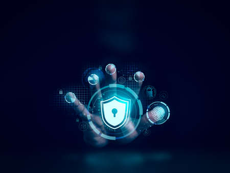 Shield lock button and personal information, finance, mail, phone icons on hand while scanning by five fingers to access. Cyber security, data protection, and business privacy technology concept.の写真素材