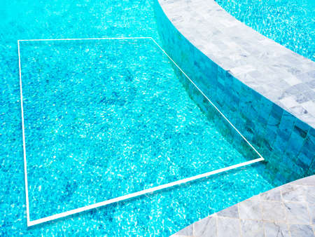 A minimalist perspective white thin line makes a decorated square border frame on a blue water...