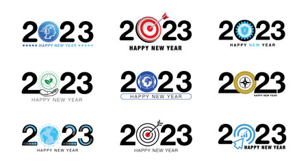 Big set of vector illustration Happy New Year 2023 logo design with text, year number, business symbol, technology icons on white background. Collection of 2023 New Year calendar design template.のイラスト素材