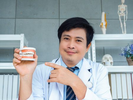 Asian man dentists or orthopedic doctor pointing to model dentures to explain about teeth on webcam screen, online video conference with patient. Telemedicine with Asian male doctor looking at camera.の写真素材