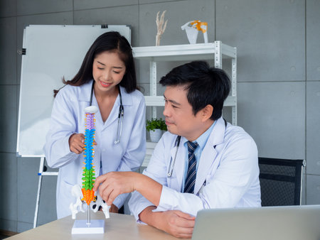 Two Asian doctors in white uniforms talking and working together in medical office. The orthopedic adult male doctor provides knowledge and counseling to female doctor about spine on desk in hospital.の写真素材
