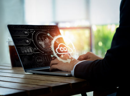 Renewable energy-based green businesses with limit climate change and global warming. Carbon dioxide reduction emission concept. Co2 management icon and sustainable symbols virtual on laptop computer.の写真素材