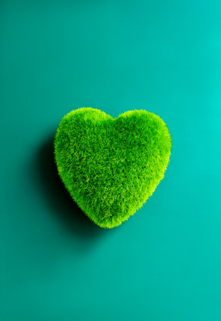 Green heart ball isolated on blue background. Green grass heart shape, green love, vertical style. Environment and sustainable planet protection, Eco-friendly, world care, and Happy Earth Day concept.の写真素材
