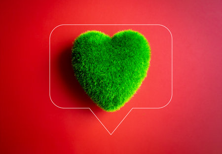 Green heart ball in speech bubble on red background. Green grass heart shape, donation online. Environment and sustainable plant protection, Eco-friendly, world care, and Happy Earth Day concept.の写真素材