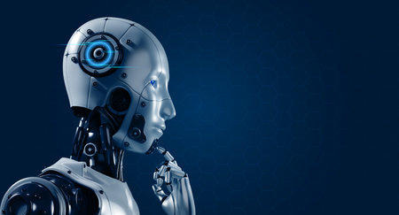 3d rendering of humanoid robot cyborg thinking and compute on blue background with copy space, hand...
