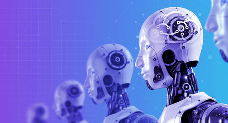 The row of 3d rendering humanoid robot portraits with digital brain. Robotics army, machines learning cyborgs teamon futuristic network background. AI, artificial intelligence technology concept.の写真素材