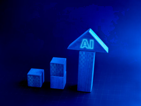 AI information analysis, Artificial intelligence growth business technology with big arrowhead on cube blocks graph step increase on digital world map on cyberspace blue tone background.の写真素材