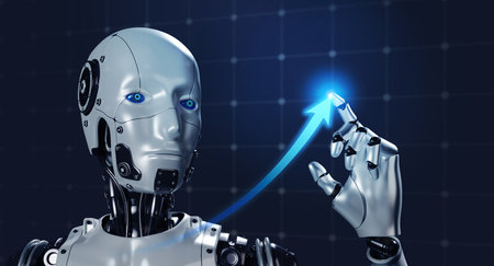 3d rendering smart robot draws rising arrow on growth graph, blue grid network background. Ai human cyborg pointing finger on screen . Business and technology with artificial intelligence concepts.の写真素材