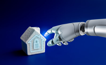 3d rendering humanoid robot hand touch on digital padlock button on white house model on blue background. AI, artificial intelligence, home security application service, lifestyle technology concept.の写真素材
