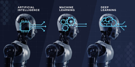 3d rendering of three AI humanoid robot cyborgs on blue background. Machine learning 3 steps...