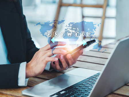 Money exchange, currency transfer with online banking and interbank payment concepts. Exchange arrow with many currency icon and world map virtual on smart mobile phone in businessman's hands.の写真素材