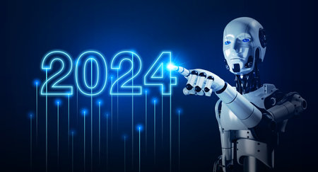 3d rendering AI robot humanoid touching on 2024 calendar year number, glowing on dark blue...