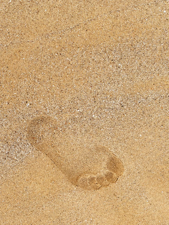 Leaving footprint on the sand. Close-up footprint from foot step walking on the sand beach, top view with copy space, vertical style. Beach travel, summer background concept.の写真素材