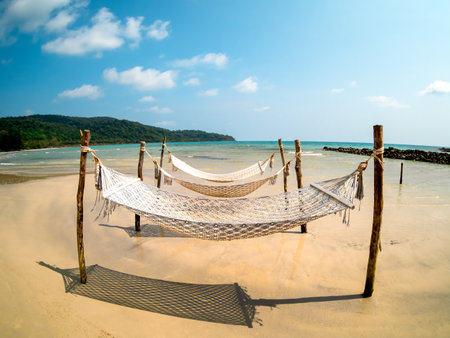 Three empty rope cradle hanging on the wooden poles on sandy beach on the sea, island and blue sky background. Relaxing hanging cradle or swing beds on sunshine day with no people.の写真素材