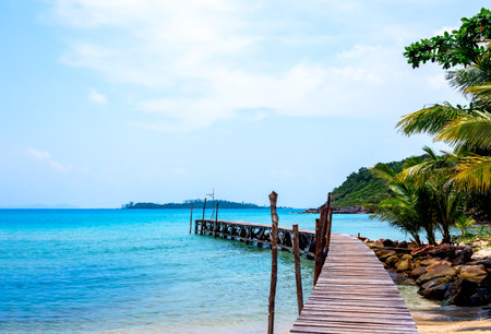 Wooden bridge heading to the blue sea. Brown wood plank pathway bridge on the beach sand with rocks and coconut palm tree at the local port in island on sunny day. Seascape summer holiday background.の写真素材