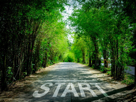 Word "START", new beginning concept. Text written on the local concrete road in the middle surround with green bamboo forest. Concept of planning, goal, challenge, new small business and startup.の写真素材