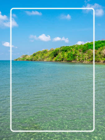 White line frame on seascape background. Summer background with tropical tree, island, sea and blue...