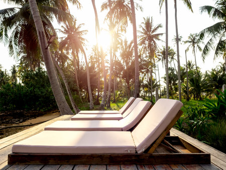 Four empty wooden sunbeds with bed pads cushion decoration on wooden deck terrace near tropical palm...