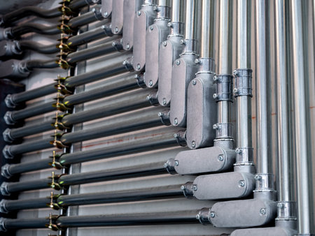 Wiring electric steel pipeline on concrete wall background. Steel tube fitting with electricity wire...