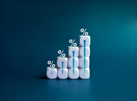 3d percentage icons on white cube blocks bar graph chart steps with rise up arrows isolated on blue background. Investment, income, trends, inflation, business growth, economic improvement concepts.の写真素材