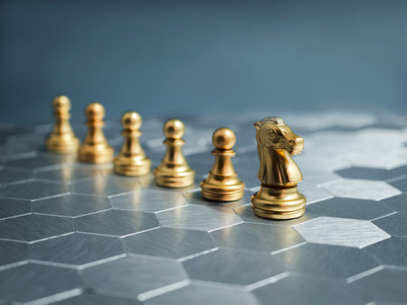 The golden horse, knight chess piece standing front of gold pawn chess pieces on silver hexagon pattern board background. Leadership, follower, team, commander, competition, business strategy concept.の写真素材