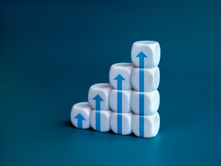 Higher arrows on white blocks business chart steps isolated on blue background, minimal style. The business growth graph process, goal, success, and economic improvement and analysis concepts.の写真素材