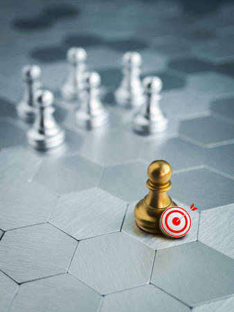 3d target icon with golden pawn standing out from the group of silver pawn chess pieces on hexagon pattern background, stand out from the crowd. Leadership, goal, influencer, difference concept.の写真素材