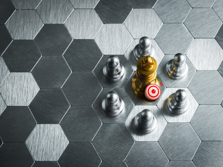 3d target icon with golden pawn standing center in group of silver pawn chess pieces on hexagon pattern background with space. Leadership, goal, partnership, influencer, business strategy concepts.の写真素材