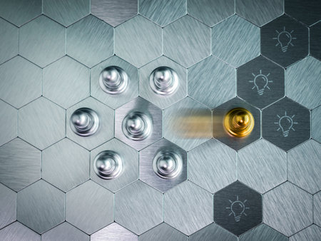 Golden pawn move out from the silver pawn chess pieces group on hexagon pattern background with idea bulb icons, top view. Stand out from the crowd. Leadership, creative, unique, difference concept.の写真素材