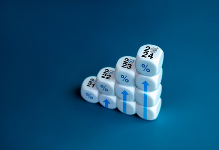 2024 year number with target icon on the top of white blocks as graph steps with percentage icon and...