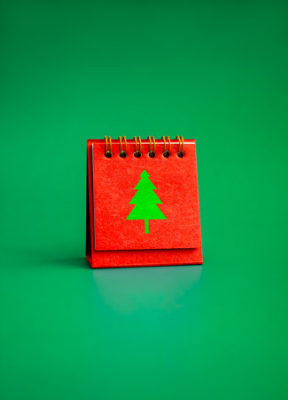 Merry Christmas day calendar with green Christmas tree minimalgraphic icon on red folding desk calendar standing on green background, vertical style. Xmas holiday party date reminder concept.の写真素材