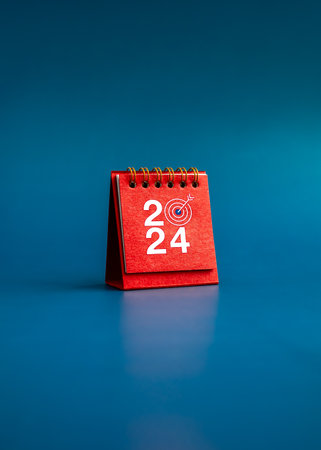 Happy new year 2024 vertical background. 2024 numbers year with target dart icon on red small desk calendar cover standing on blue background, minimal style. Business goals plan and success concepts.の写真素材