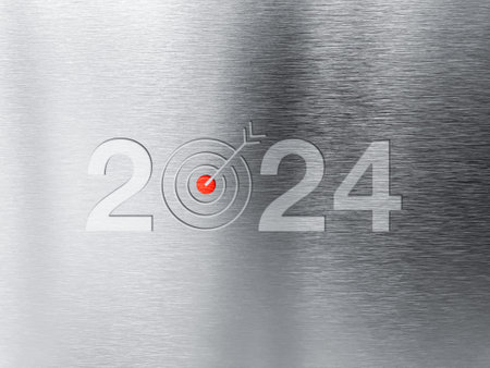 Happy new year 2024 banner background. 2024 numbers year with target dart icon on shiny silver brushed stainless steel plate or aluminium background. aluminium banner. Business goals concepts.の写真素材