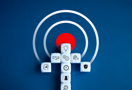 The leader, Business icon on white cube blocks as arrow shape heading to big red target symbol on blue background. Business strategy with growth success process, objective, goal operational concepts.の写真素材