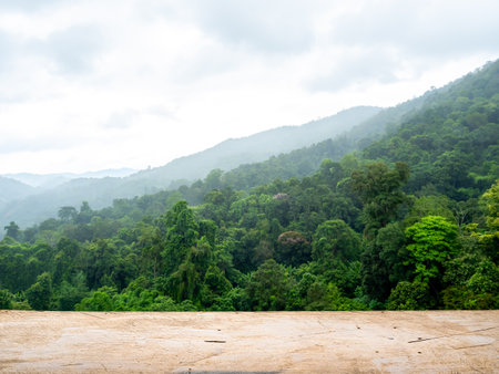 Mockup template of empty old wooden top table on green mountain view and sky background in the morning at Chiang Mai, the famous province north of Thailand. Blank space for product and advertising.の写真素材