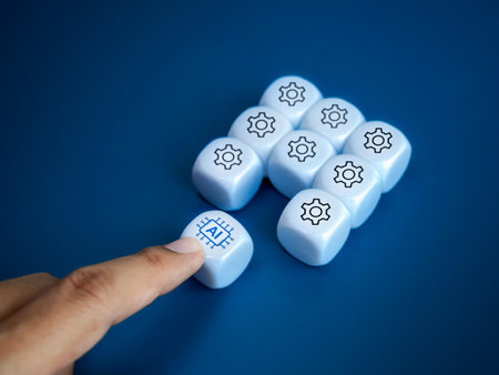 Support technology from artificial intelligence concept. AI chip icon on white cube block push by hand to group of management symbol blocks, on blue background, minimal style. AI data learning.の写真素材