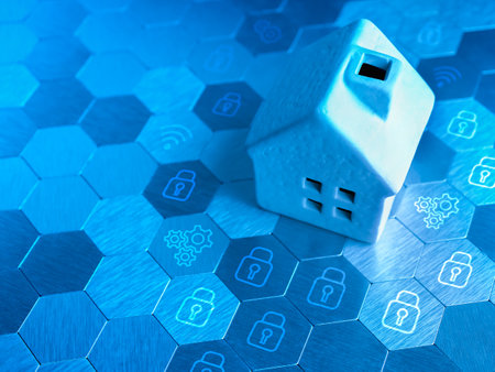 Smart home security technology concept. Digital safety lock, wifi and management icon and white minimal house model on blue hexagon pattern interface background with copy space.の写真素材