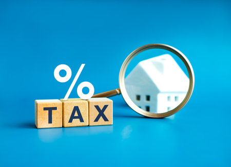 Home tax concept. Real estate, land and property annual taxation. Text "TAX" on wooden cube blocks stacked near 3d percentage icon and white house model in magnifying glass lens on blue background.の写真素材