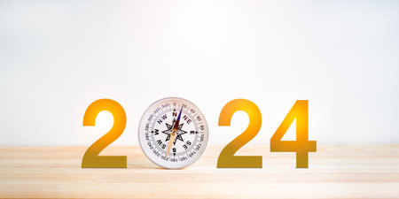 Happy New Year 2024 and business direction concept. 2024 year number decoration with white modern...