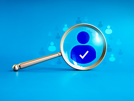 Human resource, hiring, selection, recruitment, CRM, right people and unique concepts. Business person icon with checkmark, the chosen one person from the crowd in magnifying lens on blue background.の写真素材