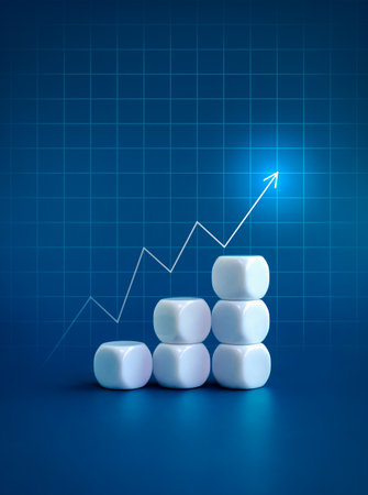 Rising glow arrows on white blocks business chart steps on blue background with line graph table. The business growth graph process, goal, success, and economic improvement and data analysis concepts.の写真素材