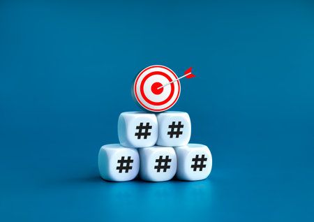 3d goal target icon on top of white cube block stack pyramid shape with hashtag icon symbol blocks...