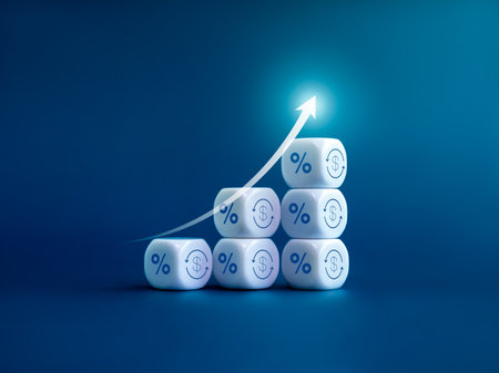 ROI, Return of investment, passive income, business revenue,  economic improvement concepts. Rise up arrows on white cube blocks bar graph chart steps with percentage icon isolated on blue background.の写真素材