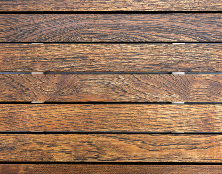 Empty wood plank top table texture for background, above view. Closeup grunge brown wooden oak table. Empty vintage natural rustic wood desk background.の写真素材