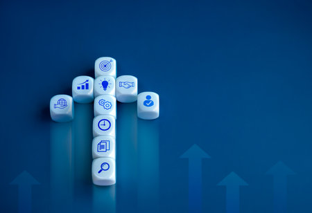 The leader, Business icon on white cube blocks as arrow shape heading rush ahead other arrows on blue background. Business strategy with growth success process, goal operational, leadership concepts.の写真素材