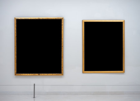 Mockup two blank space in gold vertical square artist painting frame, isolated. Empty 2 Asian style...