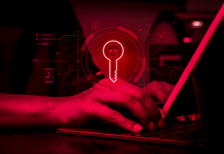 Scammer scam, digital identity theft, cyber crime online concept. Digital key on red virtual screen...