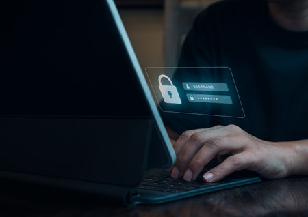 Cyber security concept. Sign in page on virtual screen while business person working with on digital tablet or laptop computer for validate password, Identity verification, logging in to the website.の写真素材
